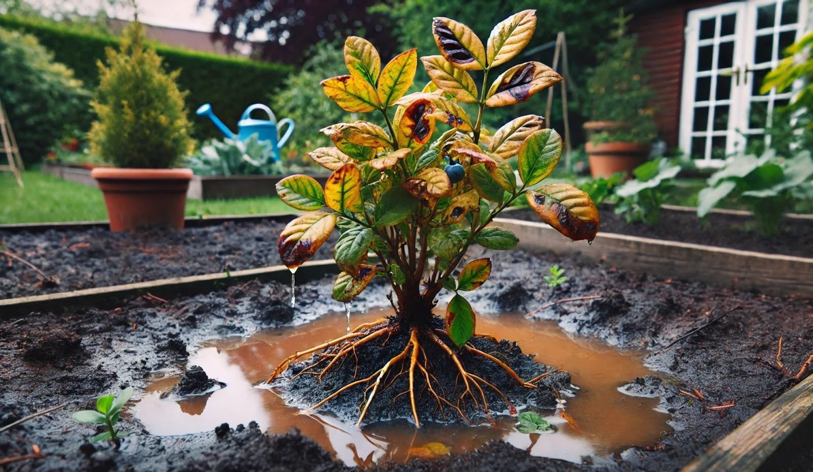 Blueberry plant without proper drainage
