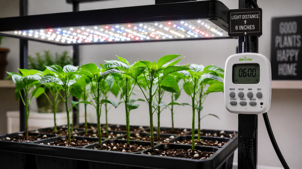 Young pepper seedlings growing healthily under a professional LED grow light panel in an indoor setup.