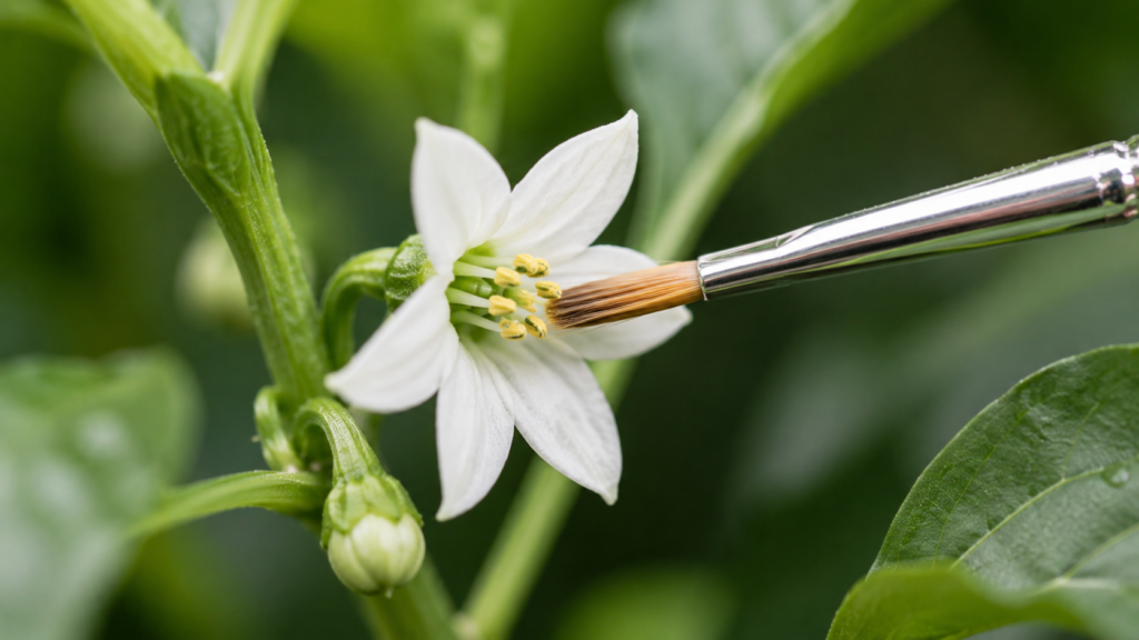 A hand using a small paintbrush to carefully pollinate a white pepper flower on an indoor plant.