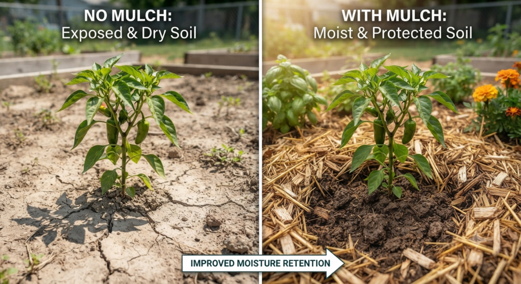Comparison showing the difference in soil moisture retention between bare soil and mulched pepper plant beds.