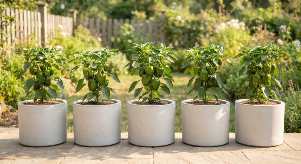 Healthy bell pepper plants grown individually in large, 16-inch wide containers to maximize fruit production.