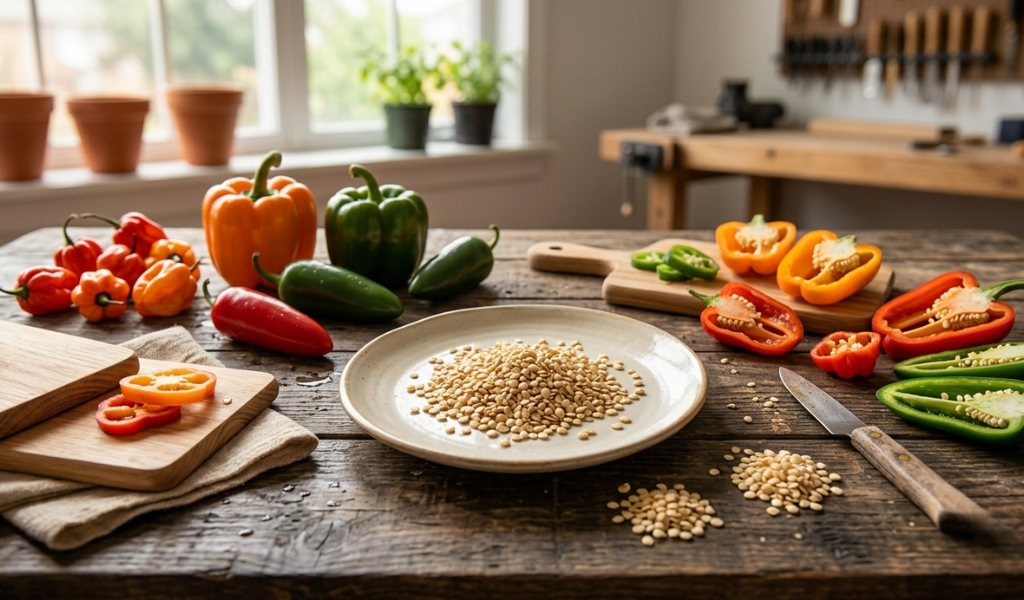 A rustic flat-lay of ripe red and orange peppers sliced open next to dry seeds on a ceramic plate under natural light.