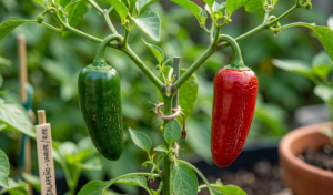 A side-by-side comparison of an unripe green jalapeño and a fully ripe red jalapeño hanging on a plant.