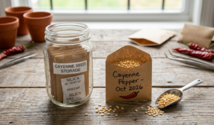 A glass mason jar containing labeled paper seed envelopes and a silica gel packet on a clean workspace.