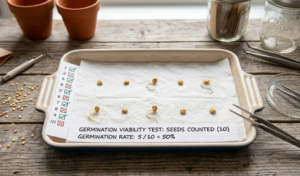 Sprouted pepper seeds with tiny white roots growing on a damp paper towel during a germination test.