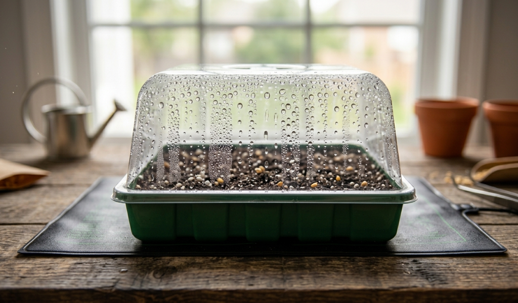 Using fine garden scissors to thin out a weak pepper seedling at the soil line, leaving the strongest plant.