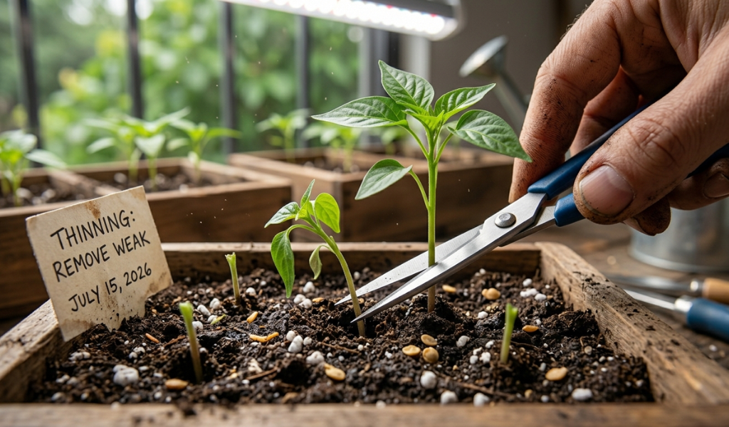 A tray of healthy green pepper seedlings acclimating to the outdoors on a wooden bench in dappled shade.