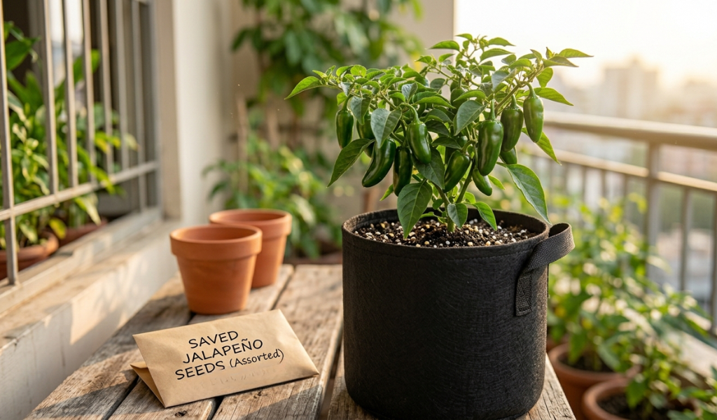Healthy green jalapeño pepper plant growing in a black fabric grow bag on a sunny apartment balcony.