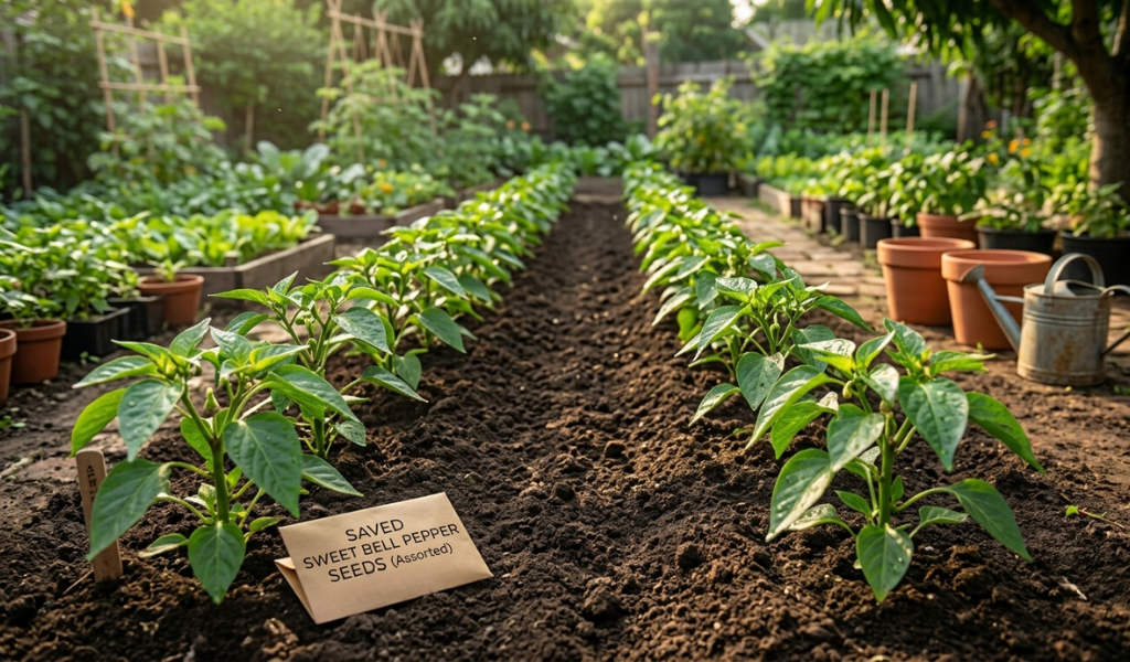 A neatly spaced row of young bell pepper plants growing in a sunny, well-maintained backyard garden bed.