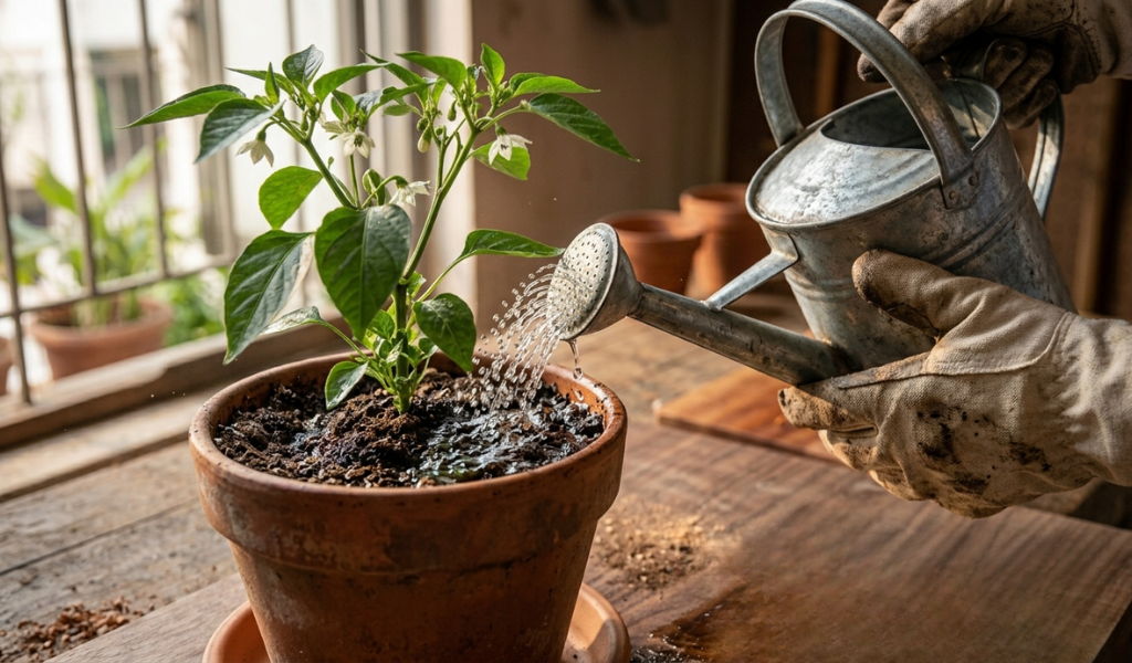 A gardener watering a potted pepper plant in a terracotta container using a metal watering can.