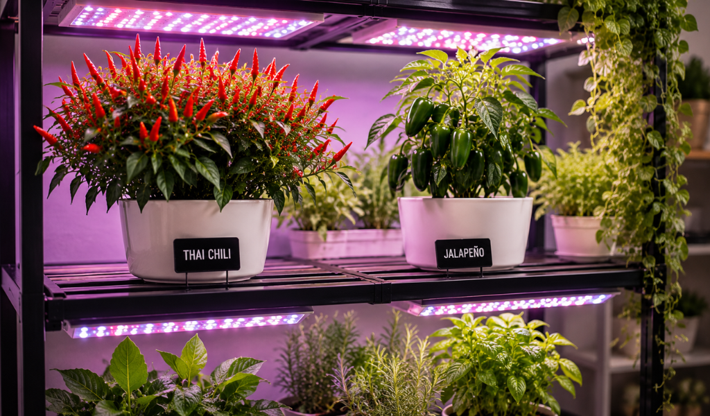 A thriving indoor pepper garden on a grow shelf under full-spectrum LED lights with colorful ripe peppers.