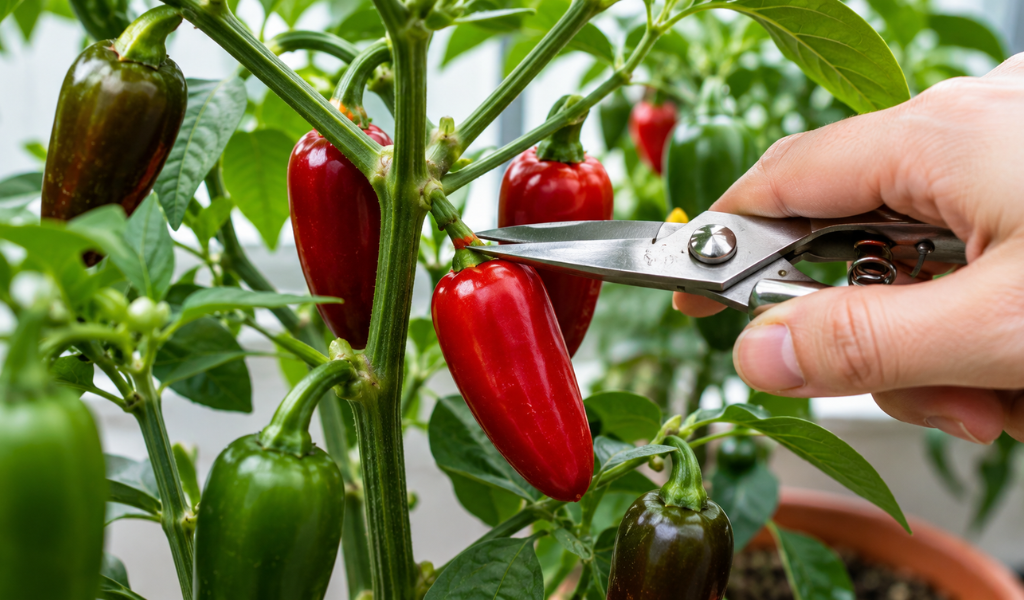 Using garden shears to harvest a perfectly ripe red pepper from a healthy indoor pepper plant.