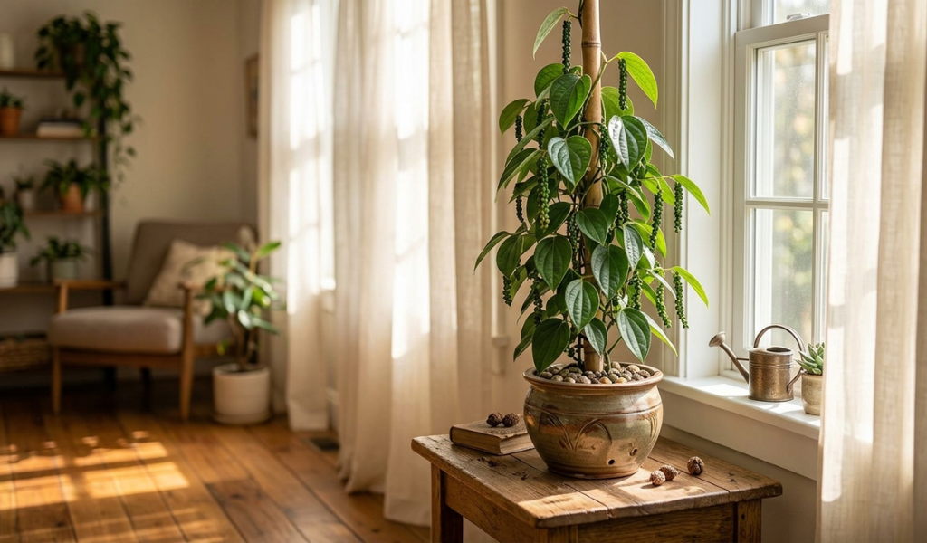 Indoor black pepper plant placed near a sunlit window with sheer curtains to provide filtered, indirect light.
