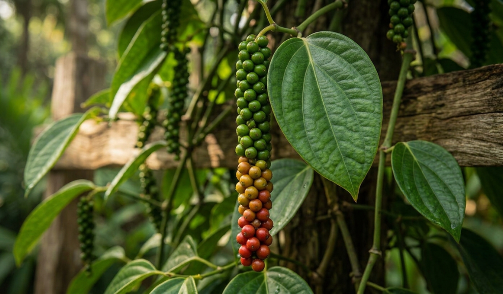 Ripening pepper spike with some berries turning red, indicating it is ready for harvest