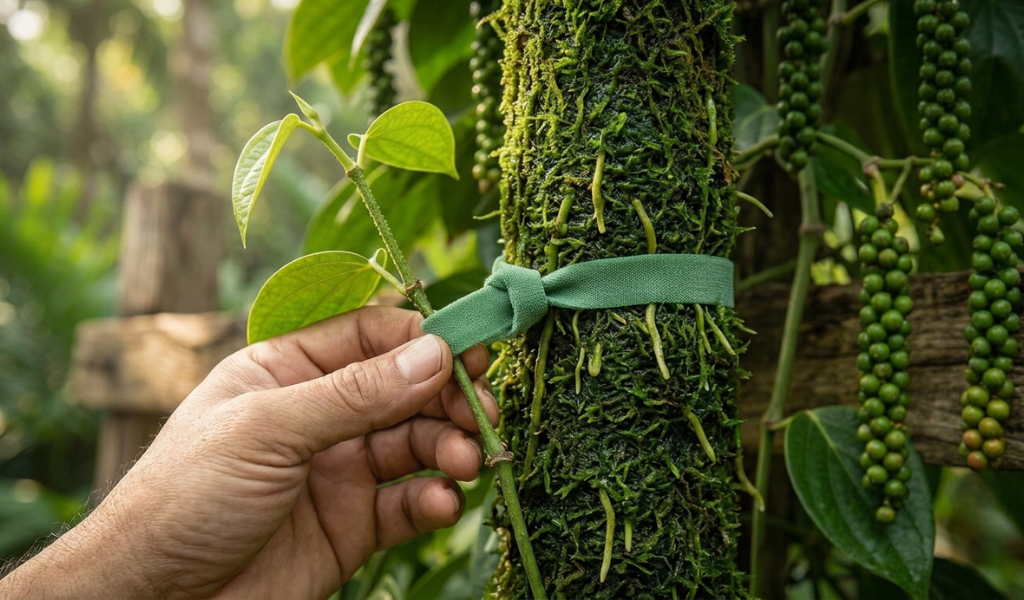 Gardener training a black pepper vine to climb a moss pole using a soft green garden tie.