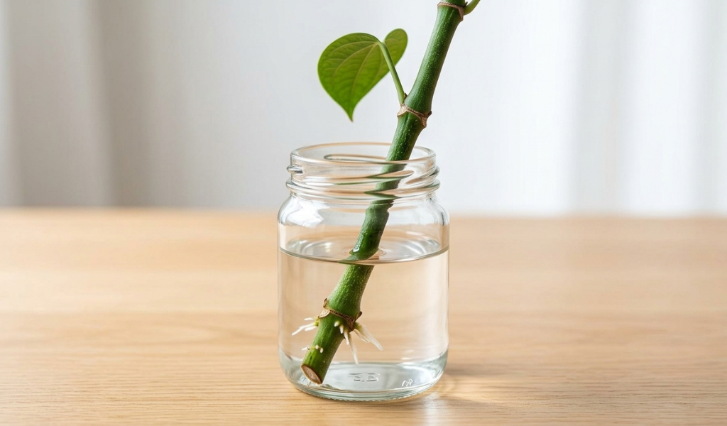 fresh black pepper vine cutting with nodes showing new white root growth in a glass of water.