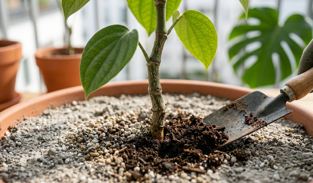 Gardener checking the moisture level of pepper plant soil by pushing back the top layer.