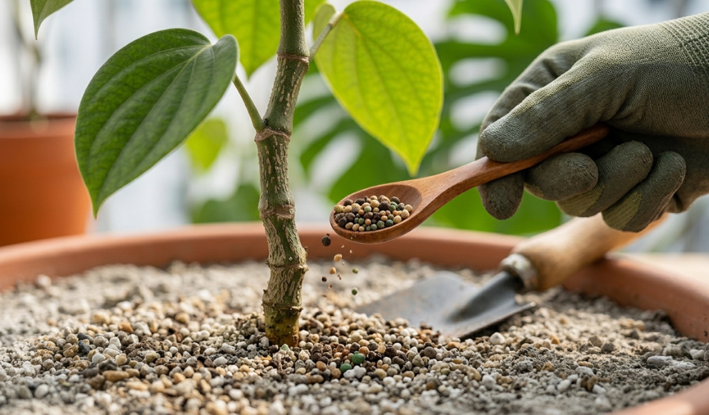 Applying balanced organic fertilizer to a container-grown pepper plant to ensure healthy growth.
