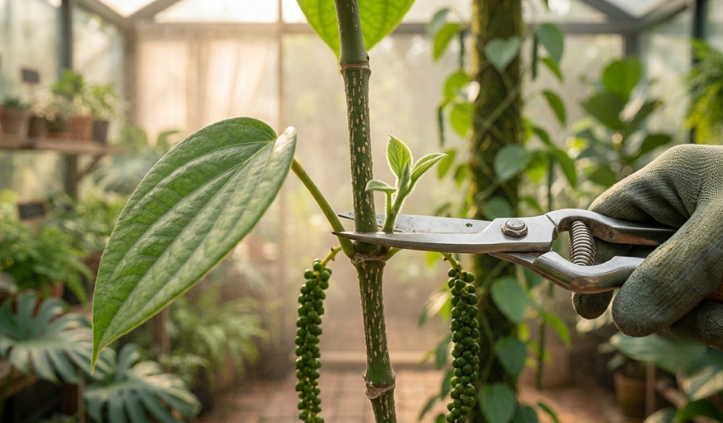 Macro shot of removing a pepper plant sucker from the junction of the main stem and a branch.