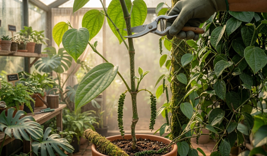 A split-view perspective showing the difference in airflow between an unpruned and a properly pruned pepper plant.