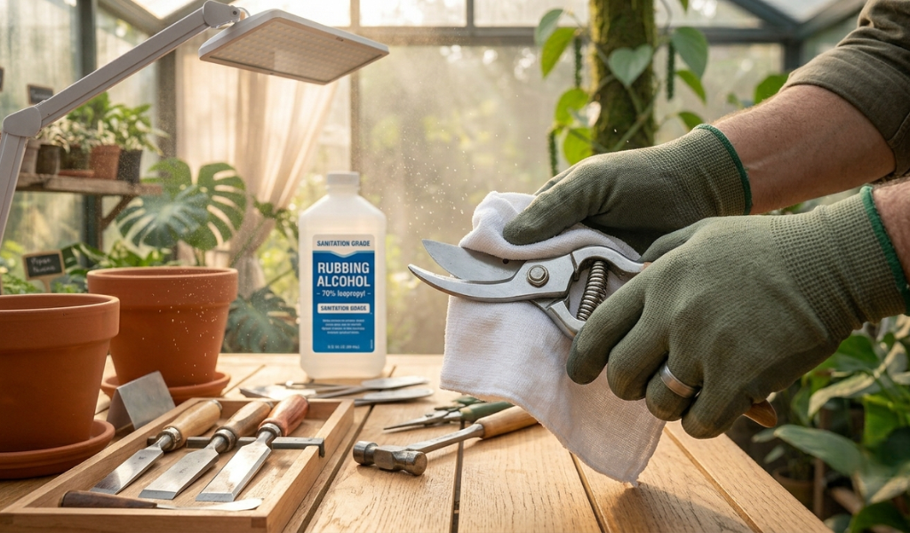 gardener sanitizing pruning shears with rubbing alcohol to prevent the spread of plant disease