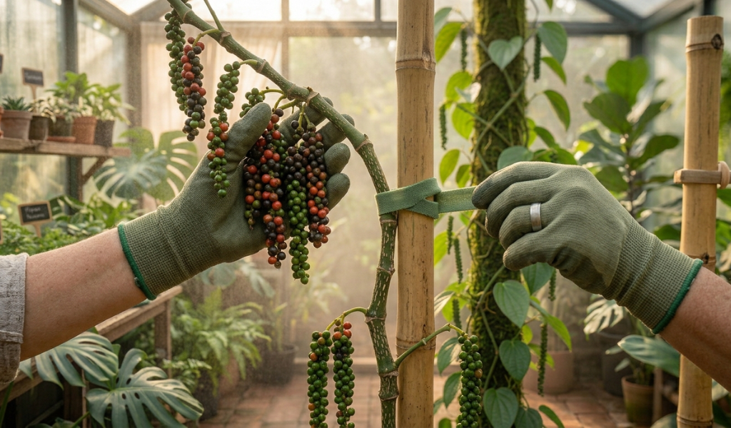 Securing a heavy, fruit-laden pepper branch to a support stake with a soft garden tie.