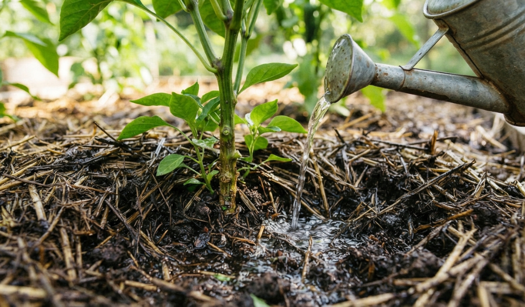 Watering a pepper plant at the base to avoid wetting the leaves and preventing fungal disease.