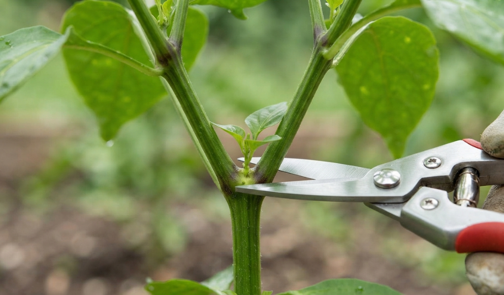 Pruning a small sucker from the main Y-shaped fork of a young pepper plant.