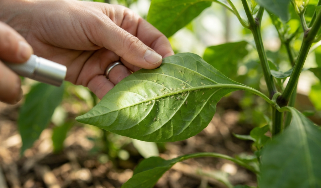 Inspecting the underside of a pepper leaf under raking light to check for early signs of pests.