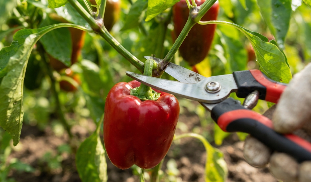 Using clean garden shears to harvest a ripe pepper, cutting the stem rather than pulling the fruit.