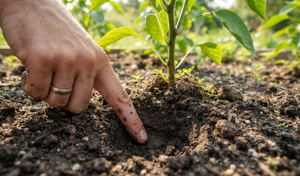 Performing the finger test on a pepper plant to check soil moisture depth.