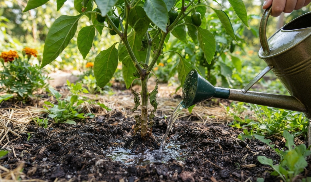 Watering a pepper plant directly at the base to ensure deep root hydration while keeping foliage dry.