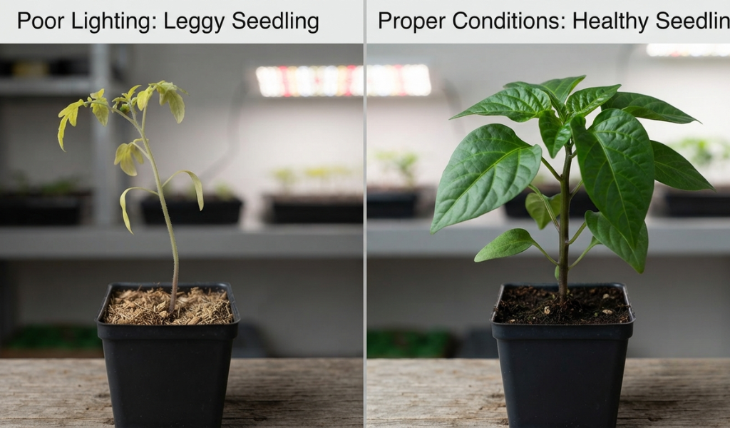 A comparison showing the difference between a weak, leggy pepper seedling and a strong, healthy one.