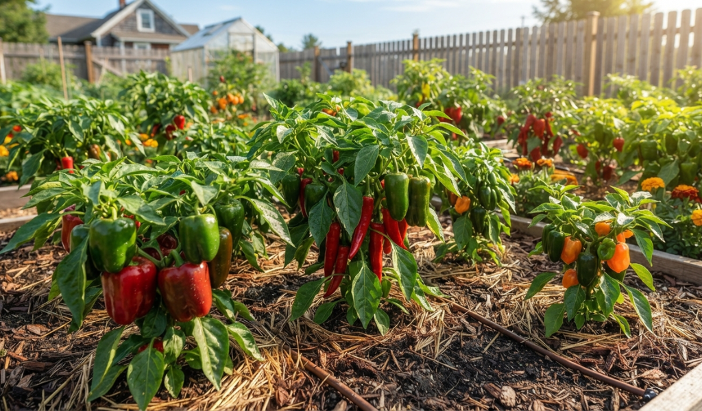 A thriving home garden filled with healthy, fruit-bearing pepper plants with proper spacing and mulched soil.