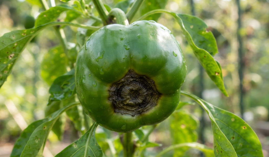 Close-up of a bell pepper showing symptoms of blossom-end rot caused by inconsistent watering.