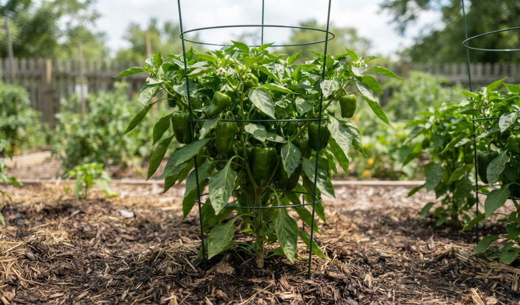 A mature, healthy pepper plant supported by a cage with proper spacing for airflow in a garden bed.