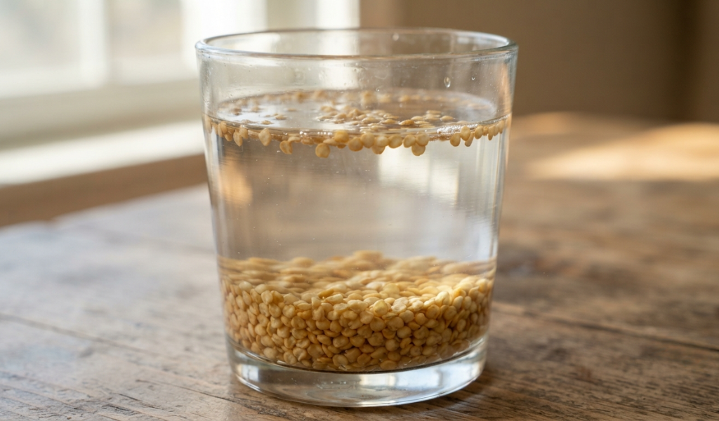 A glass of water showing pepper seeds sinking to the bottom, indicating they are viable for planting.
