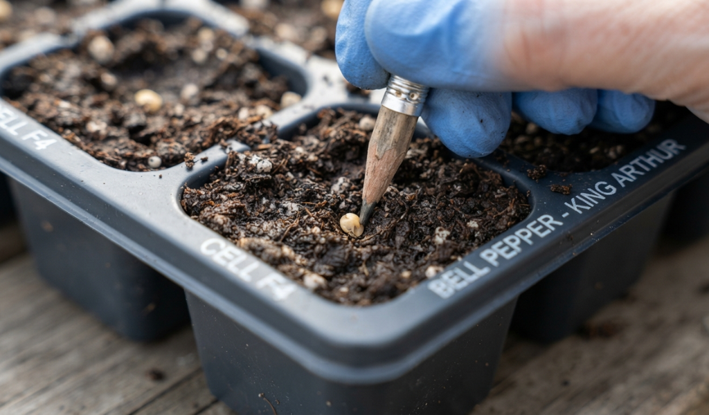 Gently pressing a pepper seed into a seed-starting cell at the correct depth.