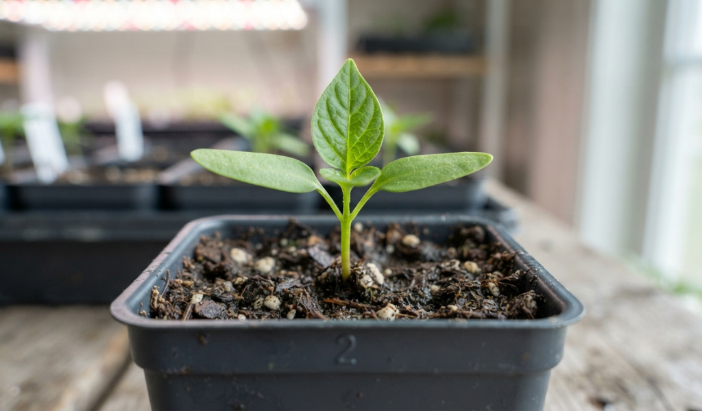 A young pepper seedling showing its first true leaves, indicating it is ready for transplanting.
