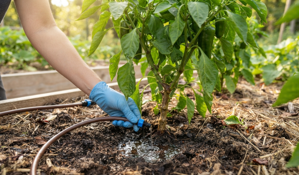Watering a pepper plant at the base to ensure deep root hydration while keeping leaves dry.