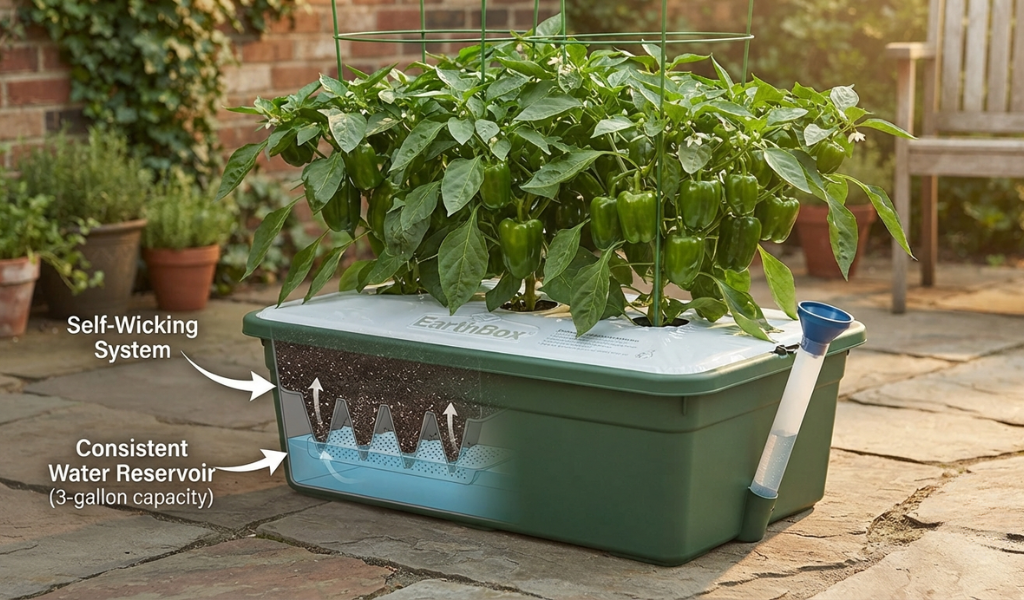 A pepper plant growing in a self-watering EarthBox container on a sunny patio