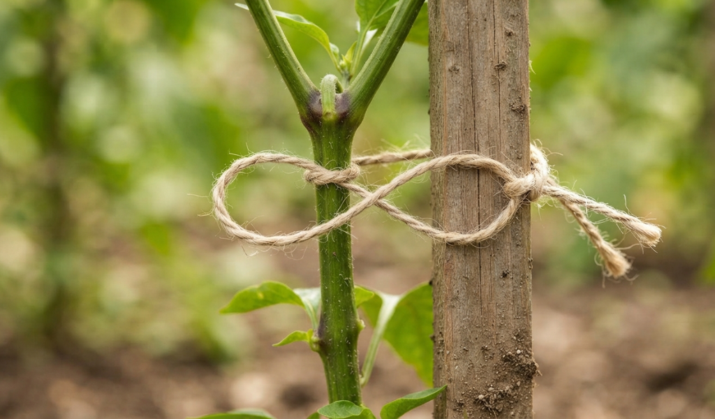 A close-up showing how to tie a pepper stem to a stake using a loose figure-eight knot with soft twine.