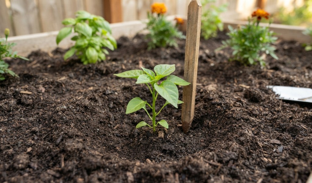 Properly spacing a wooden stake right next to a newly transplanted pepper seedling to prevent root damage.