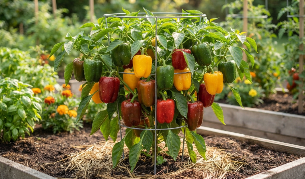 A mature, heavily fruiting pepper plant supported by a wire cage, showing upright growth and clear access to peppers.
