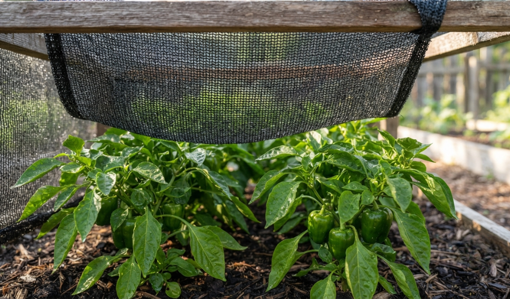 Using a light-density shade cloth to protect pepper plants from extreme afternoon heat during a summer heat wave.