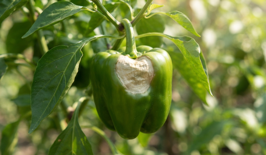 A close-up of a bell pepper showing pale, papery patches on its skin caused by sun scald from intense sunlight.