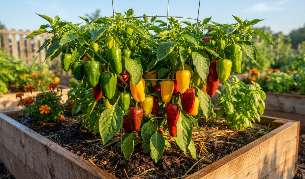 A healthy, productive pepper plant in a raised bed receiving full, direct morning sunlight.