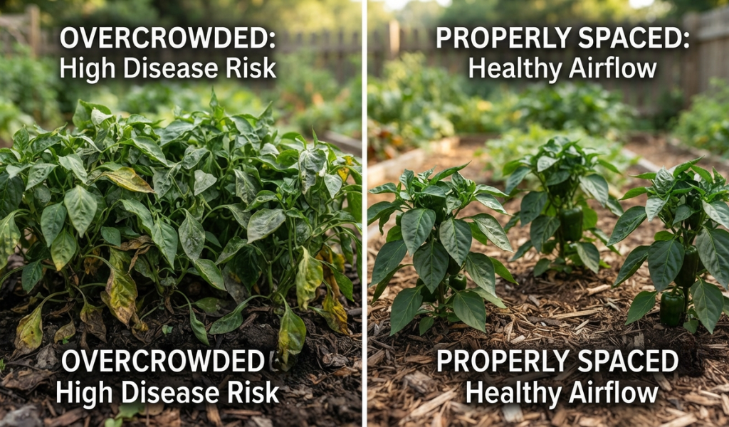A comparison showing the difference between overcrowded pepper plants with poor airflow and properly spaced plants with healthy foliage.