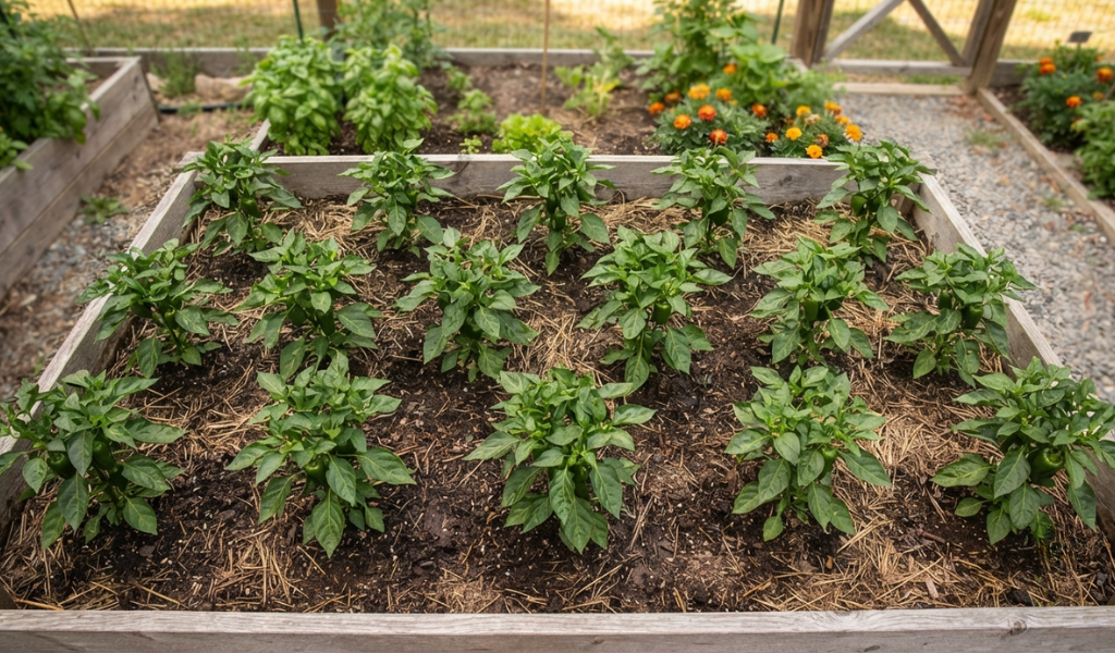 A top-down view of pepper plants arranged in a staggered, triangular pattern within a raised garden bed to optimize space and airflow.