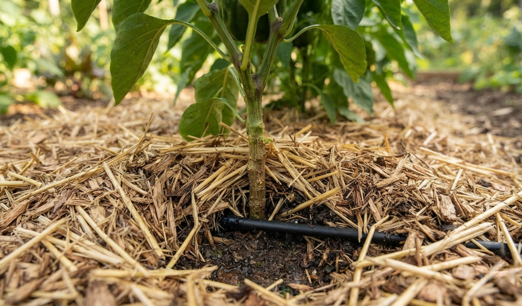 A close-up of a pepper plant base protected by a thick layer of organic mulch to retain soil moisture and regulate temperature.